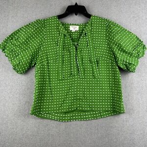 Kate Spade New York Blouse Womens XS Green Puff Sleeve Tie Neck Bow Print Top
